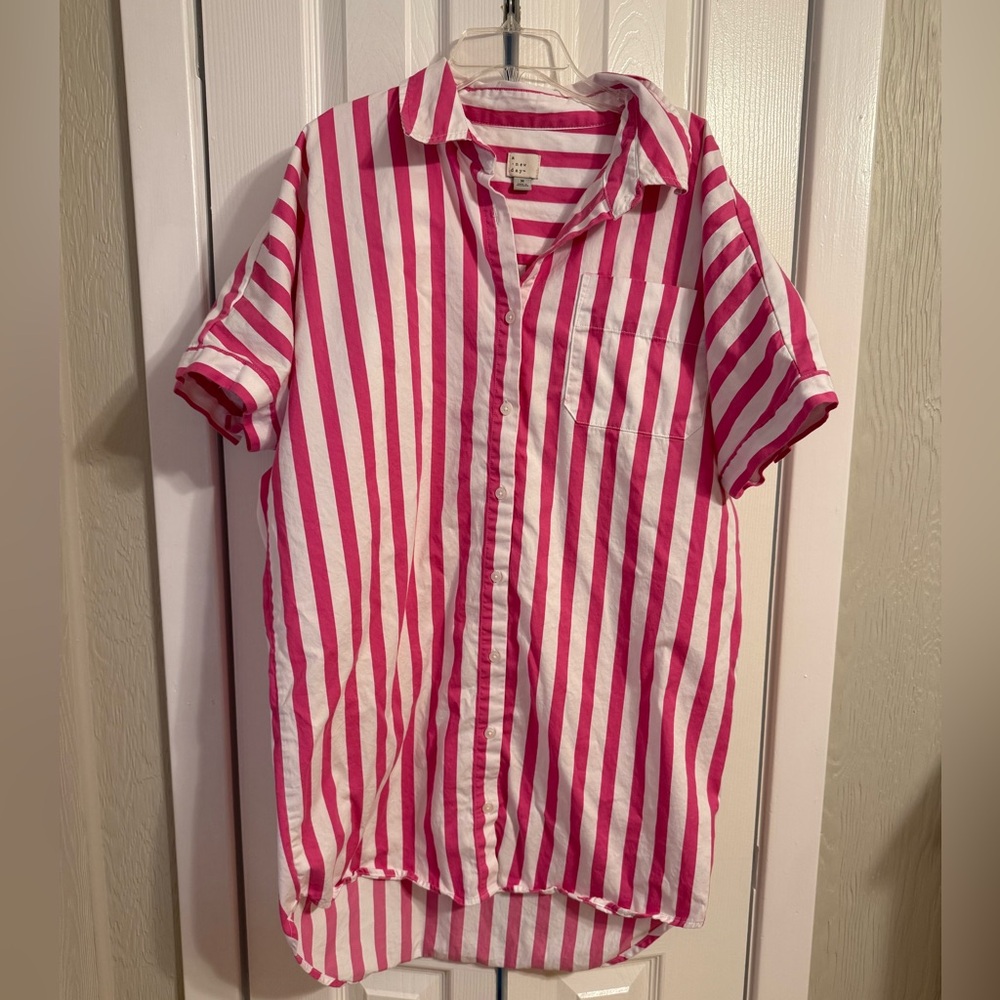 Pink and White Striped Button-Up Shirt Dress
